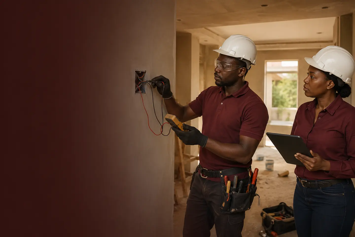 African electrical technician and site supervisor carrying out a quality inspection