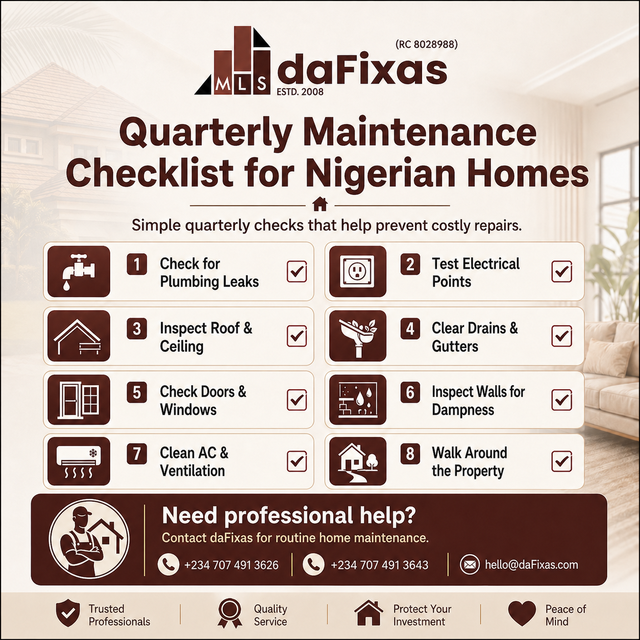 Quarterly home maintenance checklist graphic